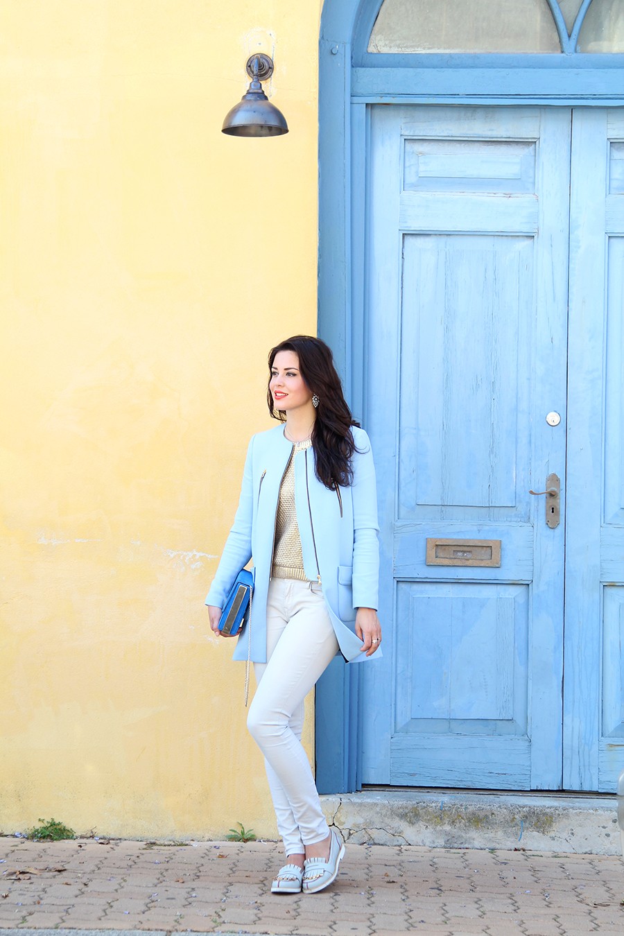 Light blue clearance coat outfit