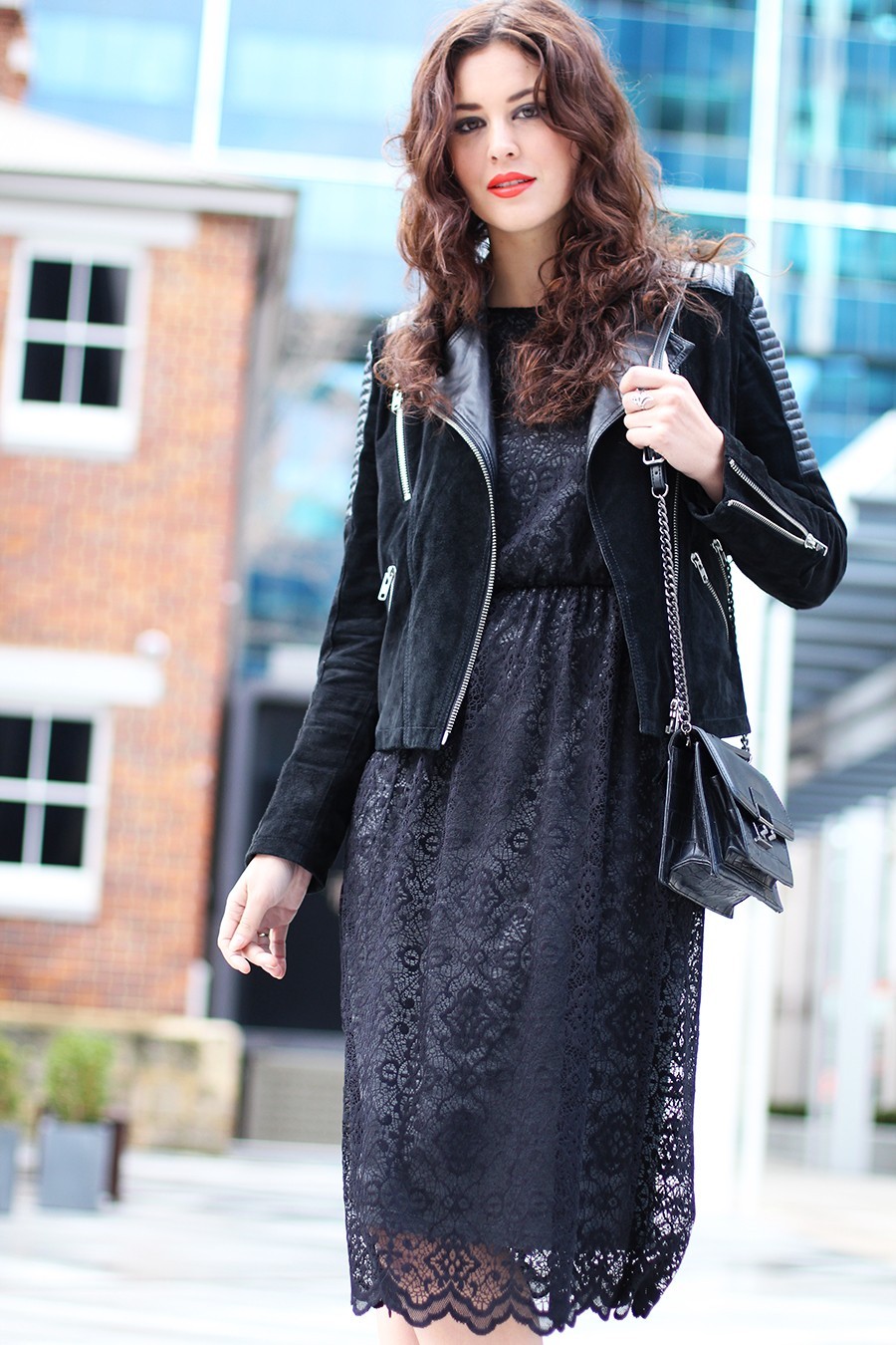 Lace dress clearance with leather jacket