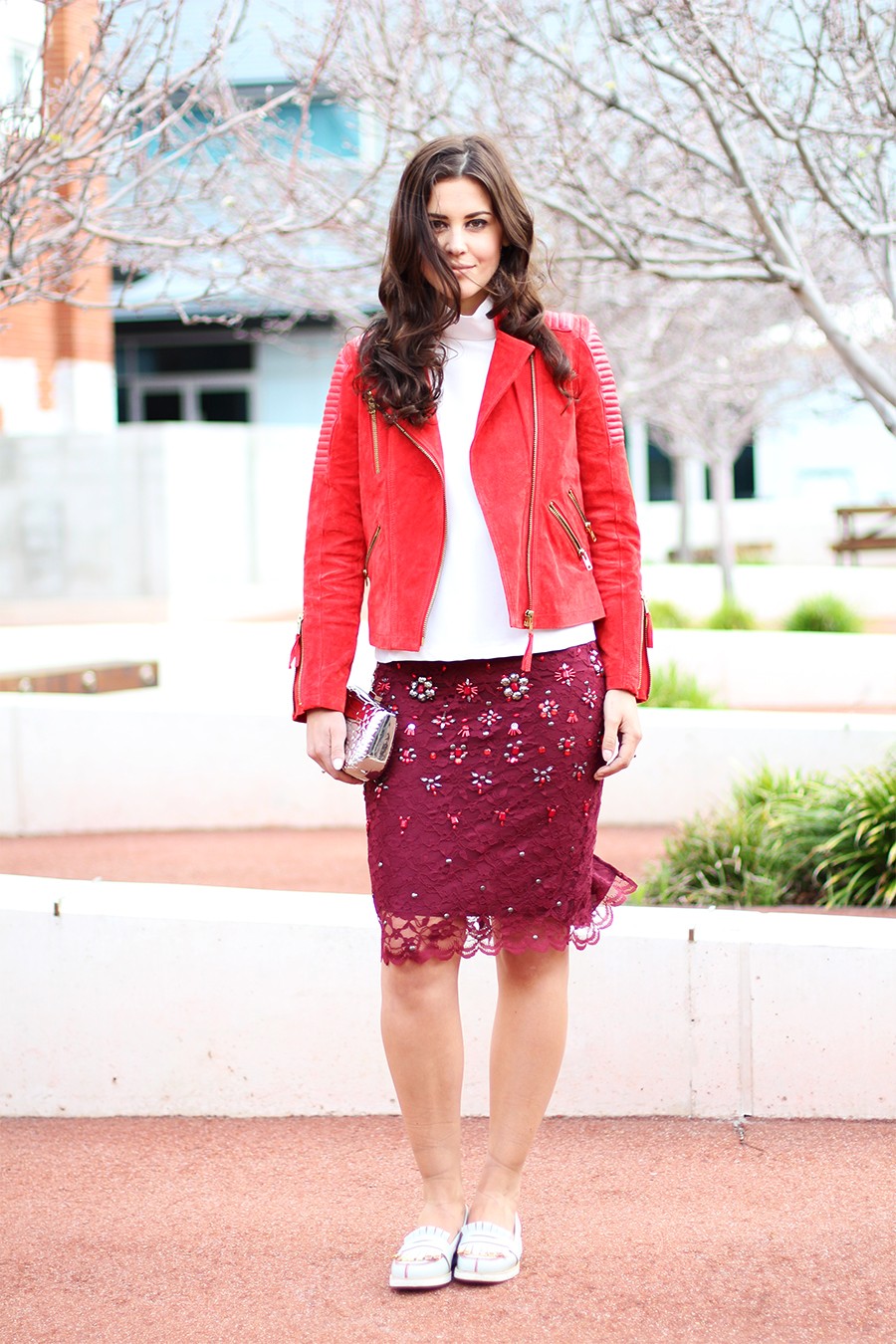 Red leather jacket on sale fashion